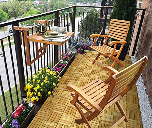 Interbuild Balkontisch & Casinostühle aus echtem Holz (1 Tisch + 2 Stühle), Kleiner Balkon, platzsparendes Tischset, zusammenklappbar, goldfarbenes Teak-Finish von INTERBUILD REAL WOOD