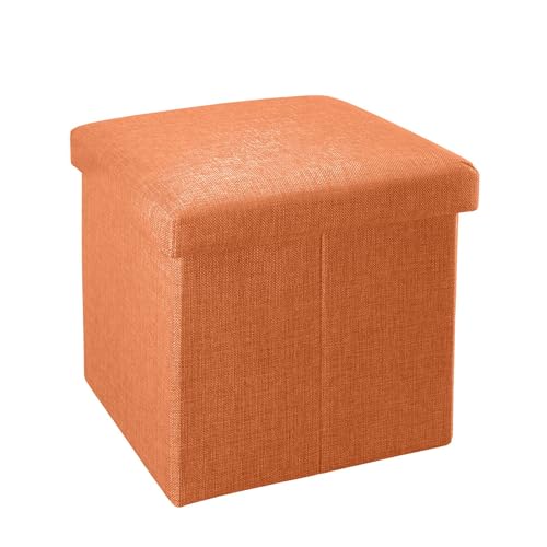 INTIRILIFE Faltbarer Sitzhocker 30x30x30 cm in MANDARINEN ORANGE - Sitzwürfel mit Stauraum und Deckel aus Stoff in Leinen Optik - Sitzcube Fußablage Aufbewahrungsbox Truhe Sitzbank von INTIRILIFE