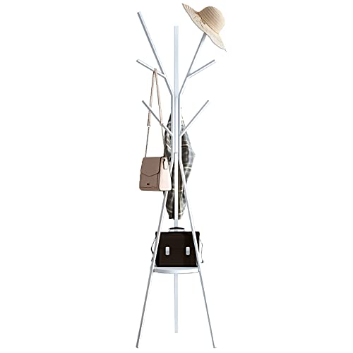 IOTXY Garderobenständer aus Metall, 180,3 cm hoch, bodenstehend, Kleiderbügel, mit Holzablage und 9 Haken, für Handtaschen, Jacken, Schals, Weiß von IOTXY