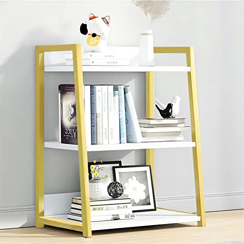 IOTXY Gold 3-Regalböden Offenes Bücherregal - Metall-Holz-Bücherständer-Regal, Leiter-bücherbord, Open Shelf Bookcase, Bookshelf von IOTXY