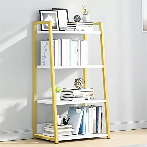 IOTXY Gold 4-Regalböden Offenes Bücherregal - Metall-Holz-Bücherständer-Regal, Leiter-bücherbord, Open Shelf Bookcase, Bookshelf von IOTXY