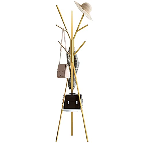 IOTXY Kleiderständer aus Metall, 180,3 cm hoch, bodenstehend, mit Holzablage und 9 Haken, für Handtaschen, Jacken, Schals, goldfarben von IOTXY
