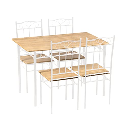 IPOTIUS Esszimmer-Set mit Esstisch und 4 Stühlen, Esstisch und Stuhl aus Buchenholzmaserung, weiße Metallbeine, für Esszimmer, Küche, Wohnzimmer von IPOTIUS