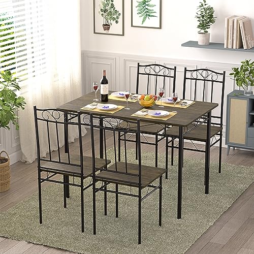 IPOTIUS Esszimmer-Set mit Esstisch und 4 Stühlen, Esstisch und Stuhl mit dunkler Holzmaserung, Schwarze Metallbeine, für Esszimmer, Küche, Wohnzimmer von IPOTIUS