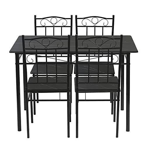 IPOTIUS Esszimmer-Set mit Esstisch und 4 Stühlen, Schwarze Marmorierter Esstisch und Stühle, Schwarze Metallbeine, für Esszimmer, Küche, Wohnzimmer von IPOTIUS