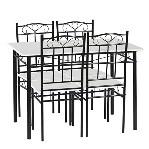 IPOTIUS Esszimmer-Set mit Esstisch und 4 Stühlen, Weiße Marmorierter Esstisch und Stühle, Schwarze Metallbeine, für Esszimmer, Küche, Wohnzimmer von IPOTIUS