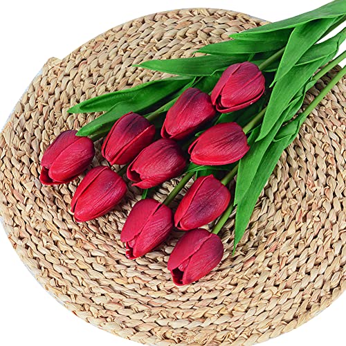 ISAKEN Künstliche Tulpen, 10 Stück Seidenblumen Tulpe Künstliche Blume Real Touch Bridal Wedding Bouquet Gefälschter Tulpenstrauß PU Künstliche Tulpenblume für Haus Büro DIY Blumenarrangements von ISAKEN