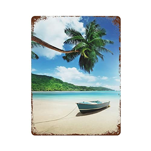 20 x 30 cm Seychellen Strand mit Palmen Landschaft Willkommen Metall Blechschild Poster Malerei mit Rost Vintage Home Wanddekoration von IUBBKI