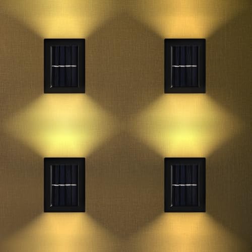 Solar LED Wandleuchte, 4 Stück 2 LEDs Solarlampen für Außen Solar Wandleuchte Aussen Solarleuchte Außen Wandleuchte Up & Down Light Dekorative, Solar Wandleuchten Dekorative für Hauswand Flur (Warm) von IXYHKB