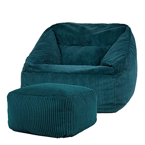 Icon Riesen Sitzsack Sessel „Morgan“ mit Hocker, Blaugrün, Cord XXL Sitzsack Erwachsene mit Füllung für das Wohnzimmer, Riesensitzsack XXL Flauschig Cord von Icon