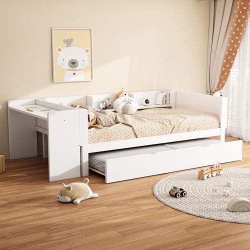 Idemon 90 * 200cm, Flachbett, mit ausziehbarem Bett, mit Schreibtisch, DREI Regale an der Seite des Bettes (Weiß) von Idemon