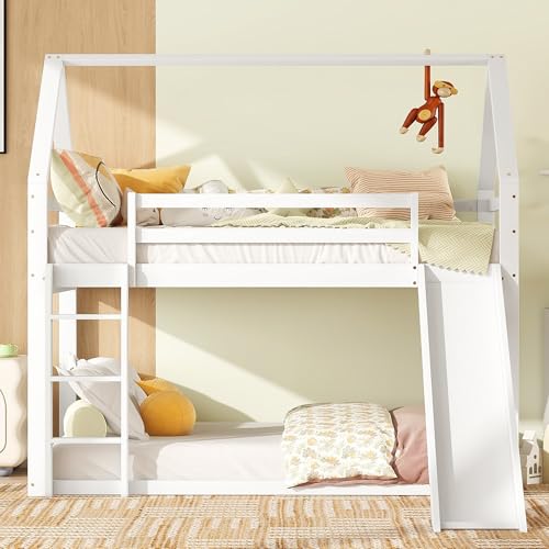 Idemon Einzelbett Kinderbett Hausbett Etagenbett mit Rutsche und Leiter, Weiß, 90x200cm von Idemon