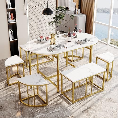 Idemon Esszimmertisch-Set mit sechs Stühlen,Essgruppe mit weißen MDF-Sitzkissen und vergoldeten Eisenrahmen,Moderne Luxustische und -stühle (Weiß+golden) von Idemon