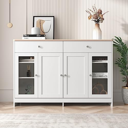 Idemon Sideboard mit weißer Holzmaserung, Vier Türen, mit DREI Schubladen, Wohnzimmer, Esszimmer. Holzfarbe und Weiß (120X37X80CM) von Idemon