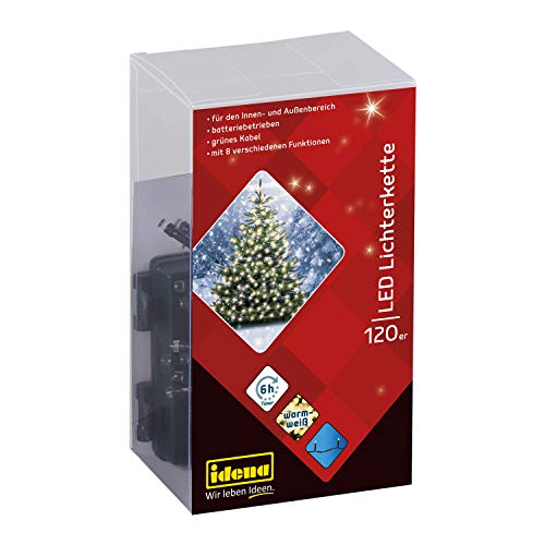 Idena 30075 - LED Lichterkette mit 120 LEDs in Warmweiß, mit 6 Stunden Timer Funktion, batteriebetrieben, ca. 10,5 m lang, Deko für Innen & Außen, als Party Deko, Weihnachtsdeko, zur Hochzeit von Idena