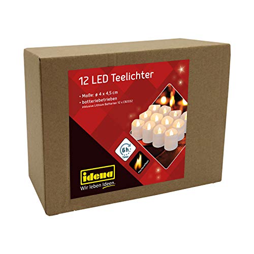 Idena 30469 - LED Teelichter, 12 Stück in Warmweiß, elektrische Kerzen mit flackerndem Licht, mit 6 Stunden Timer Funktion, inkl. Batterien, Deko für Innen, Party Deko, Weihnachtsdeko, Osterdeko von Idena