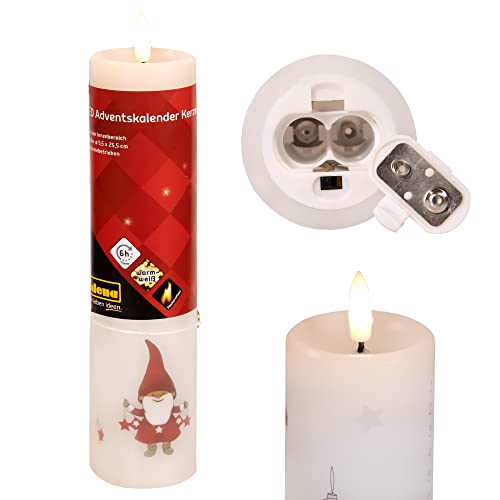 Idena 31346 - LED Adventskalender Kerze mit flackerndem Licht, Weihnachtsmotive und 24 Tage-Skala, mit 6 Stunden Timer Funktion, batteriebetrieben, ca. 25 cm hoch, Deko für Innen, Weihnachtsdeko von Idena