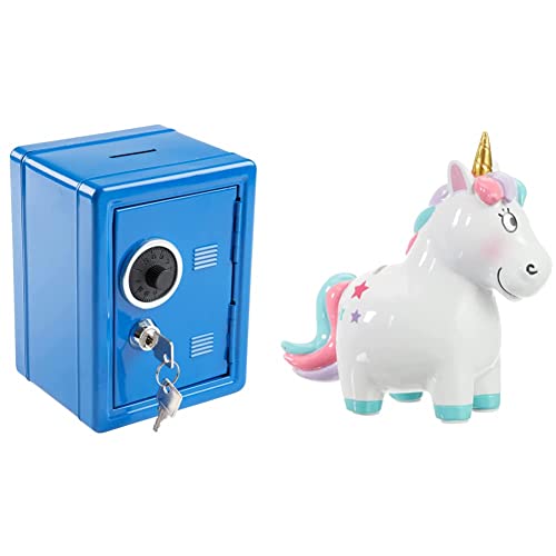 Idena 50036 - Spartresor, 120 x 105 x 160 mm, blau, 1 Stück & moses. 38048 Einhorn Spardose | Sparschwein in Einhornform | für Kinder von Idena