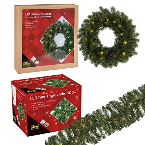 Idena Weihnachtsbeleuchtung, Kranz mit 20 LED in warmweiß, ca. 40 cm Durchmesser und Tannengirlande mit 100 LED in warmweiß ca. 5 m, 6 bzw. 8 Stunden Timer Funktion, für Advent und Weihnachten von Idena