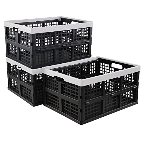 Ikando 3-Pakete 30 L Schwarze Faltbare Kiste, Faltbare Aufbewahrungsbox aus Kunststoff, Stapel Faltende Kisten-Korb, F von Ikando