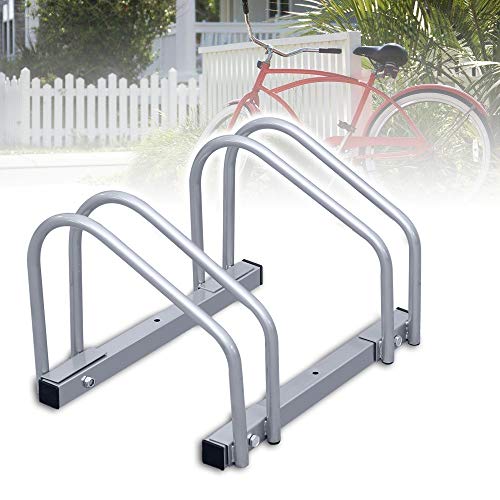 Ikodm Fahrradständer für 2 Fahrräder 35-55 mm Reifenbreite Mehrfachständer Aufstellständer Radständer Bodenständer, Fahrradständer Mountainbike, HBT: ca. 26 x 41 x 32 cm, Silber von Ikodm