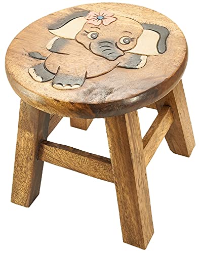 IMAGO Kinderhocker Holz Schemel Kinderstuhl Massivholz bemalt und geschnitzt Höhe 25 cm (Elefantenmädchen, Brown) von IMAGO