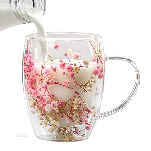 Imtrub Dry Flowers Double Wall Glass Cup, 350ml Blumenbecher, Blumen Doppelschicht Glasbecher, Niedliche kreative Blumen Teetasse, Geschenke für Frauen, Für Heiße Getränke, Tee Oder Kaffee von Imtrub