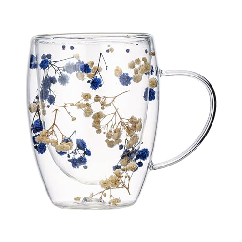 Imtrub Dry Flowers Double Wall Glass Cup, 350ml Blumenbecher, Blumen Doppelschicht Glasbecher, Niedliche kreative Blumen Teetasse, Geschenke für Frauen, Für Heiße Getränke, Tee Oder Kaffee von Imtrub