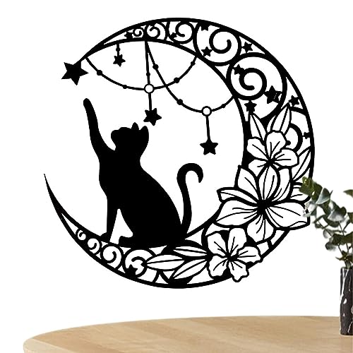 Imtrub Wanddekoration mit Katze und Mond aus Metall,Wand-Mond-Katzen-Silhouette, Wandskulpturen, Hängedekoration | Schmiedeeiserne Katzen-Kunst-Silhouette-Dekoration für Küche, Büro, Badezimmer von Imtrub