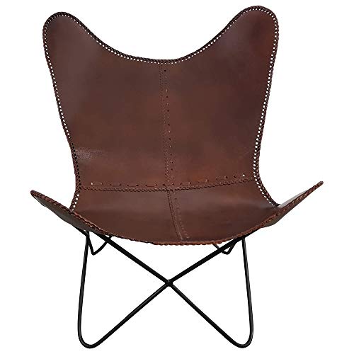 Indoortrend Butterfly Lounge Sessel Chair braun - Stuhl - Design - Retro - Loungesessel - Loungestuhl - Schmetterlingssessel - Echt Leder - Gestell schwarz - B/T/H: 76x76x92 cm von Indoortrend