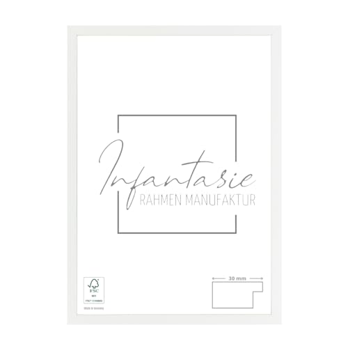 Infantasie 'N°2' Bilderrahmen 47,7x67,7 handgefertigt nach Maß | Weiss Matt | MDF Holz-Design Collage Rahmen inkl. Kunstglas und Metall Aufhänger (Querformat & Hochformat) von Infantasie
