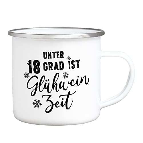 Interluxe Emaille Becher Tasse - Unter 18 Grad ist Glühwein Zeit - Weihnachtsmarkt Weihnachtsdeko Weihnachtszeit Winterzeit Winter Geschenkidee Teetasse Teebecher von Interluxe