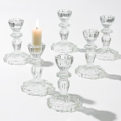 Inweder Glas Kerzenständer Vintage Kerzenhalter Stabkerze: 6 Stück Klar Stabkerzenhalter Kristall Kerzenständer Stabkerzen für Hochzeit Weihnachten Geschenk oder Heimdekoration von Inweder