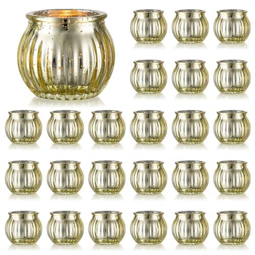 Inweder Glas Kerzenständer Votivkerzenhalter für Teelichter Kerzen - 24er Gold Vintage Teelichthalter Set für Hochzeit Tischdeko - Kleine Dekorative Teelicht Kerzenhalter für Weihnachten Heimdeko von Inweder
