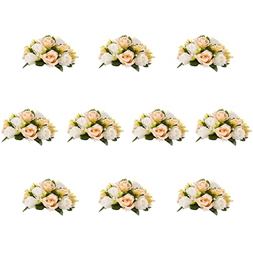 Inweder Hochzeit Blume Kugeln für Herzstücke – 10 Stück Künstliche Blumenkugeln Arrangement Blumenstrauß Gefälschte Blumen Seide Rose Kugeln mit Basis für Raumdekoration Champagner & Weiß von Inweder