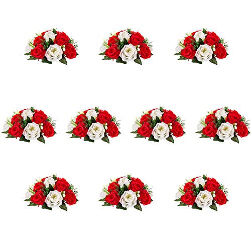 Inweder Hochzeit Blume Kugeln für Herzstücke – 10 Stück Künstliche Blumenkugeln Arrangement Blumenstrauß Gefälschte Blumen Seide Rose Kugeln mit Basis für Raumdekoration Rot & Weiß von Inweder