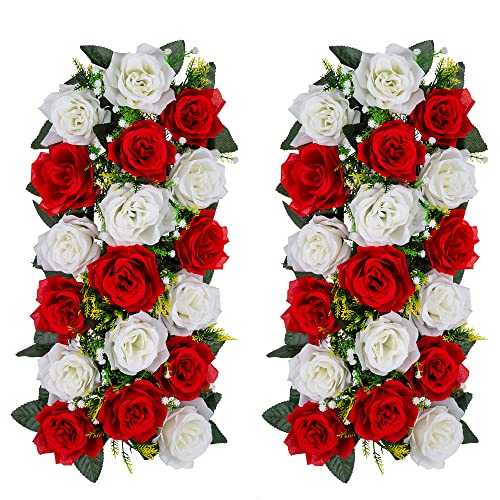 Inweder Rot Kunstblumen für Hochzeitsdeko Tisch - 2 Pcs Künstliche Blumen für Hochzeit Tischdeko Fake Flowers Rosen Blumen mit Kunststoff-Basis Seidenblumen für Läufer Tisch Home Deko Wohnzimmer von Inweder
