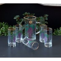Seltenes Set Von 5 Gläsern Mit Krug Farbige Gläser Handbemalt Oktagonal Glas Teeservice Wasserkrug Dekanter Buntes Weihnachtsgeschenk von ItalyVintageDream