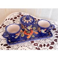 Vintage Italia Ceramiche Kaffeeservice Für Zwei Kobaltblau, Handbemalt, Terracotta Zuckerdose Geschenk Brautpaar Tassen Weihnachtsgeschenk von ItalyVintageDream
