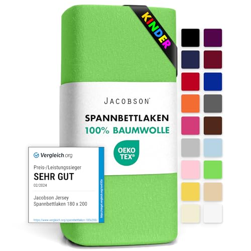 Jacobson Jersey Spannbettlaken Spannbetttuch Baumwolle Bettlaken (60x120-70x140 cm, Apfelgrün) von JACOBSON