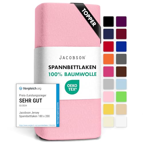 Jacobson Jersey Spannbettlaken Spannbetttuch Baumwolle Bettlaken (Topper 140-160x200 cm, Rosa) von JACOBSON