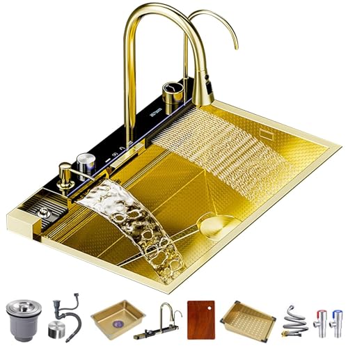 Gold-Küchenspüle, Doppel-Wasserfall-Spüle, 304-Edelstahl, große Einzelschüssel, verdickte Küchenspüle, Home-Waschbecken-Arbeitsplatz (Größe: 75 x 45 cm) von JATIBOSH