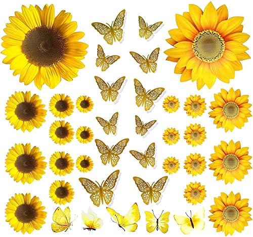 39 Stück Sonnenblumen Wandaufkleber und 3D Gold Schmetterlinge Deko,Abnehmbare Wasserdichte Wandtattoo Blumen Wandsticker,DIY Wandkunst Aufkleber Wandtattoo Wanddeko für Schlafzimmer von JEFFOUOO