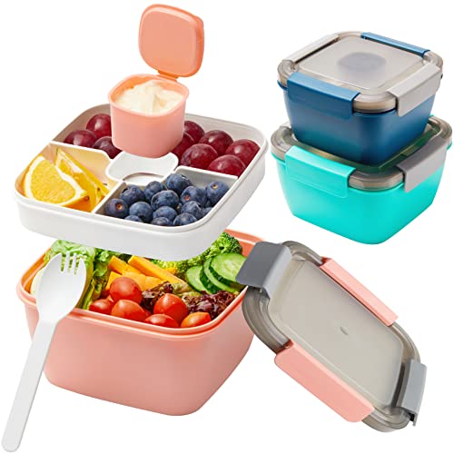 3Stück Bento Box Lunch-Behälter,Auslaufsichere Brotdose Salatbehälter mit 3 Fächer Besteck,Brotzeitbox für Kinder Erwachsene,Brotbüchse für Mikrowellen und Spülmaschinen 1500ML/1100ML Wiederverwendbar von JEFFOUOO