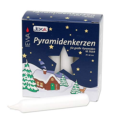 JEKA 1 Packung mit 18 Pyramidenkerzen, Weiss, ca. Ø 17-18 mm Länge 105 mm Inkl. 1 gratis Ampelmann Vorratsdose in grün dazu. von JEKA