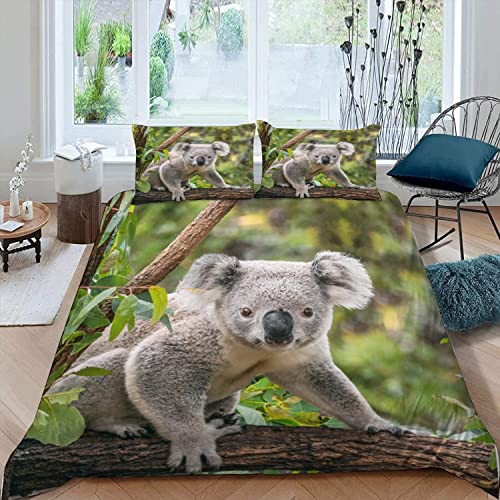 Bettwäsche-Set 155x220 3D Motiv Koala Auf Eukalyptus Bettwäsche100% Mikrofaser kuschelig mit Reißverschluss Landtiere Jungen und Mädchen Sommer Bettbezüge und 2 Kissenbezug 80x80 cm von JIARAO