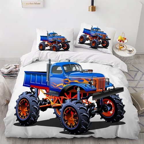 JIARAO Bettwäsche 3D Monster Truck Bettbezug Set 135x200 cm Kinder Bettwäsche Set 3 Teilig Bettbezüge Blauer LKW Mikrofaser Bettbezug mit Reißverschluss und 2 Kissenbezug 80x80cm von JIARAO