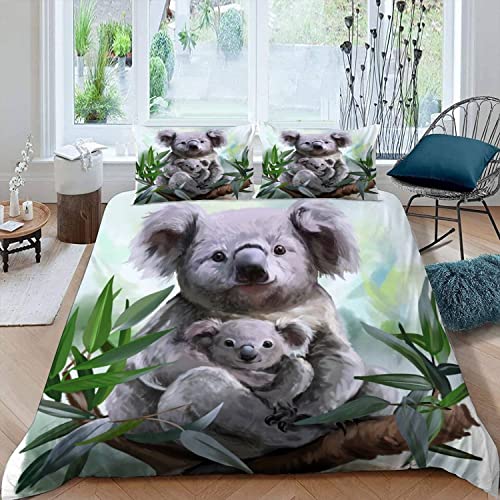 JIARAO Koala Mit Baby Bettwäsche 135×200 Weiche Mikrofaser 3D Druck Grüne Blätter Bettbezug mit Reißverschluss Für Kinder Zimmer Dekor Sommer 3 Teilig Bettwäsche Set mit 2 Kissenbezüge 80×80 cm von JIARAO