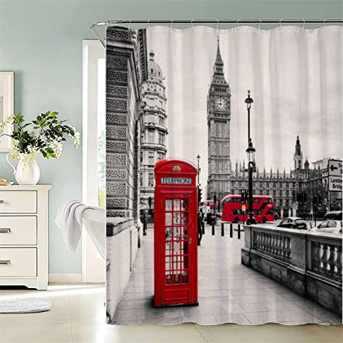 JIARAO London, England Duschvorhänge 180x180 Rote Telefonzelle Shower Curtain Anti-Schimmel Anti-Bakteriell 3D Digitaldruck Waschbar Badewanne Vorhang Polyester Stoff mit 12 Duschvorhangringen von JIARAO