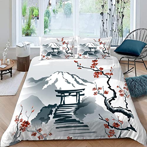 Japanische Kirschblüten Kinder Bettwäsche-Sets 135x200 3d Druck 3-teilig Bettwäsche 100% Mikrofaser Weiche mit Reißverschlus Felsen, Torii-Tor Soft Kuschelig Mädchen Bettbezüge mit 2 Kissenbezug 80x80 von JIARAO